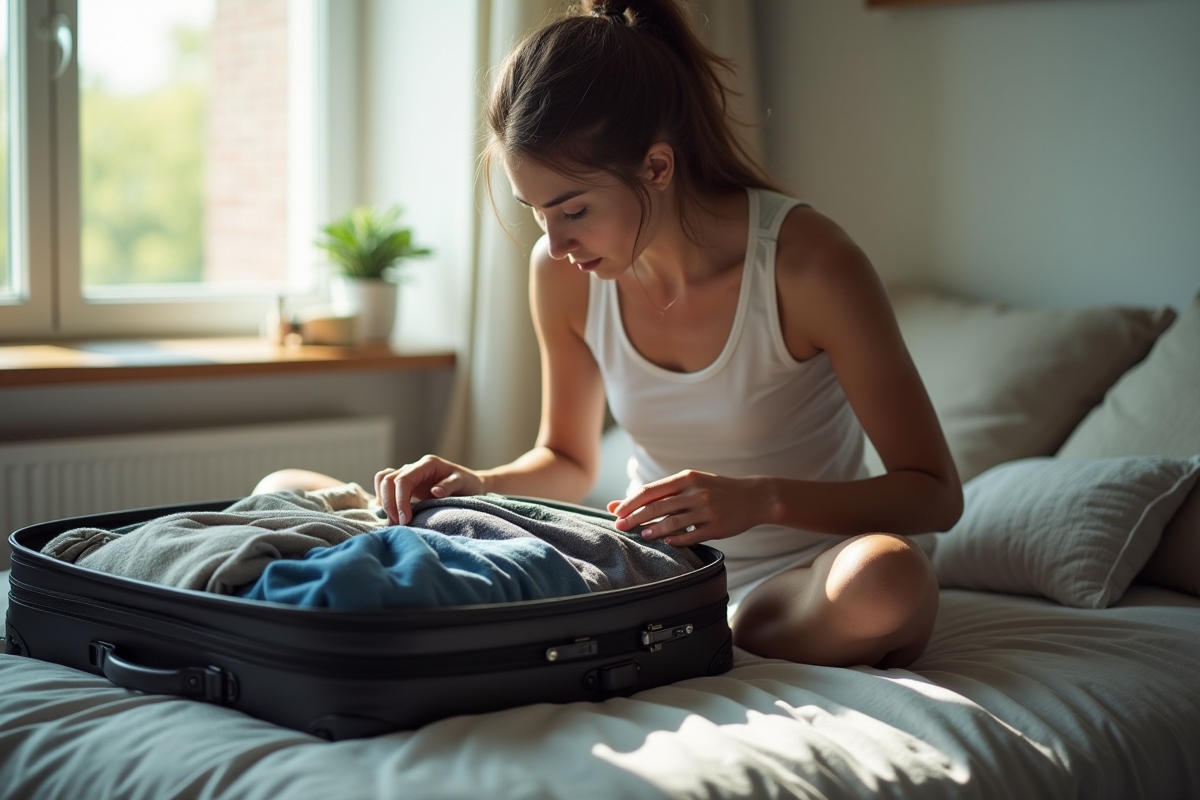 Personne organisant ses vêtements dans une valise sur le lit