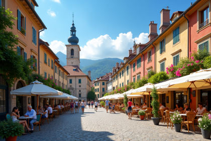 Place européenne en été avec cafés et bâtiments historiques