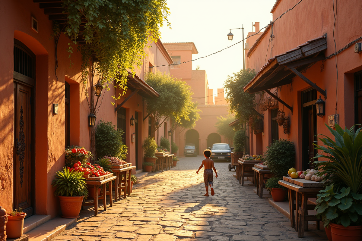 Quartier traditionnel marocain avec enfants et marché local au coucher de soleil