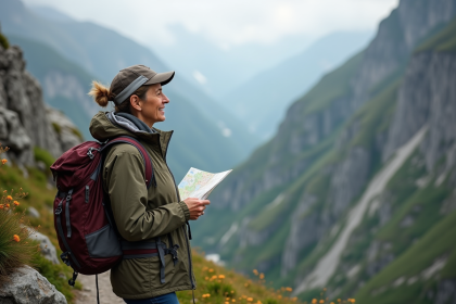 Femme randonneuse regardant la montagne avec carte