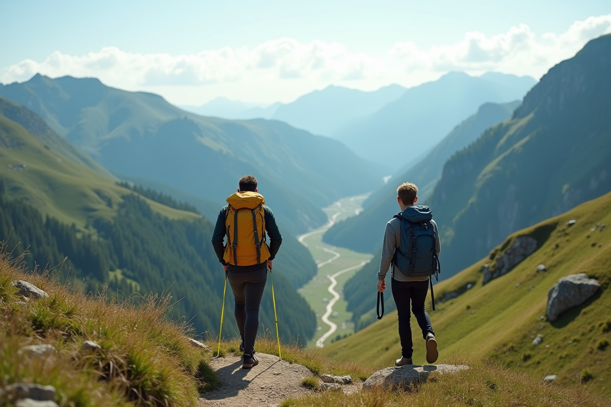 Deux randonneurs sur un sentier de montagne avec vue panoramique