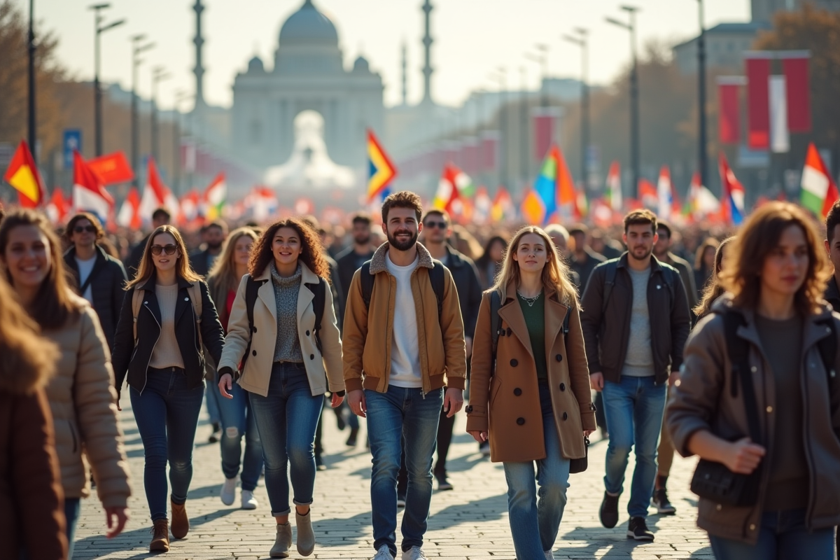 Groupe divers d'adultes et jeunes avec drapeaux dans une place urbaine