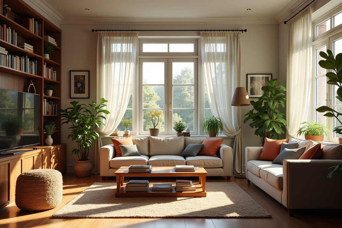 Salon familial chaleureux avec livres et plantes