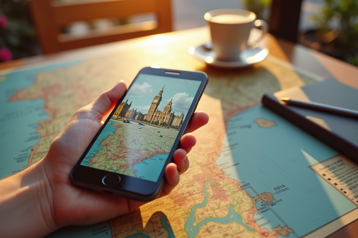 Main tenant un smartphone avec carte vintage et monuments en AR