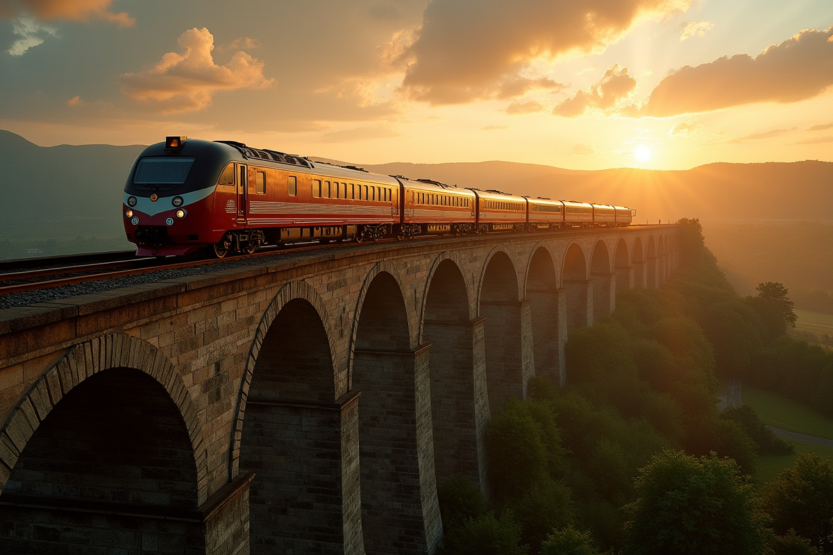Train Orient Express traversant un viaduc au lever du soleil