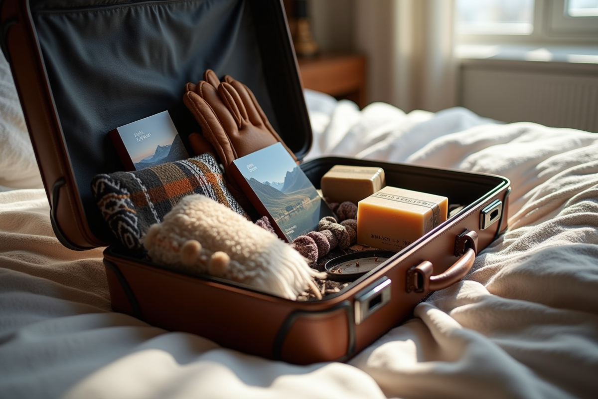 Valise ouverte avec souvenirs norvegiens sur lit douillet