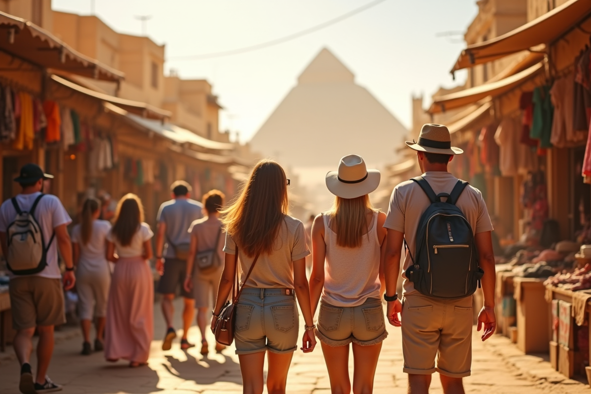 Groupe de touristes explorant un bazar égyptien avec pyramides en arrière-plan