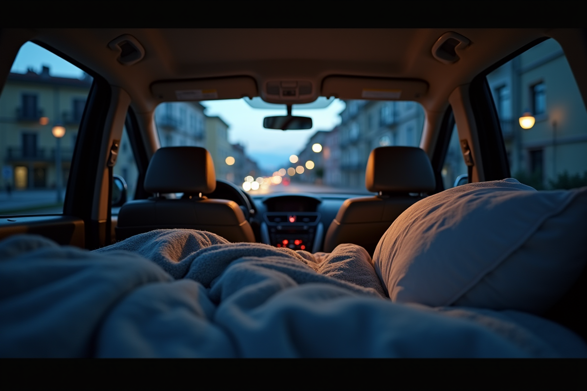 Voiture garée dans une rue urbaine italienne au crépuscule avec intérieur prêt à dormir